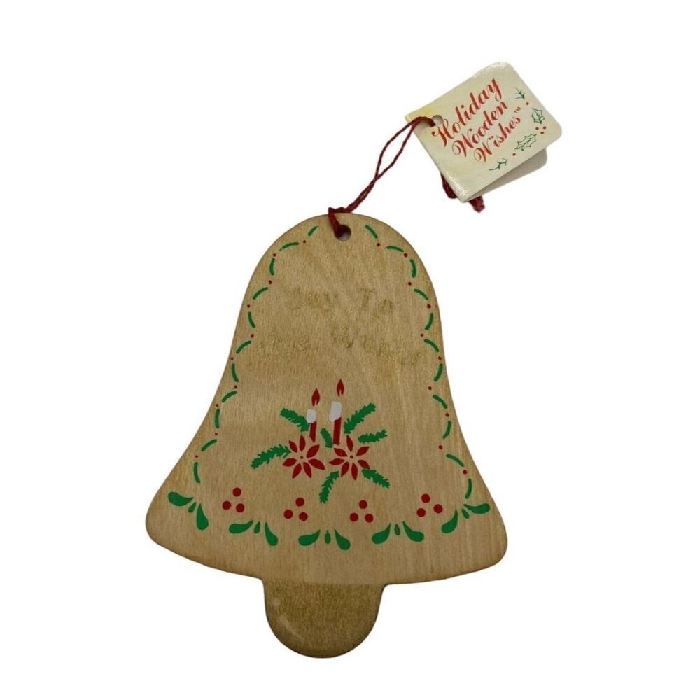 Vintage Russ Holiday Wooden Wishes Christmas Ornament Bell Joy To The World Tag